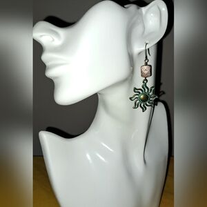 Handmade Boho Green Patina Bronze Sun Dangle Earrings
